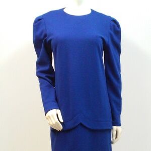 80s Royal Blue Tiered Scallop Dress Puff Sleeves Made in USA